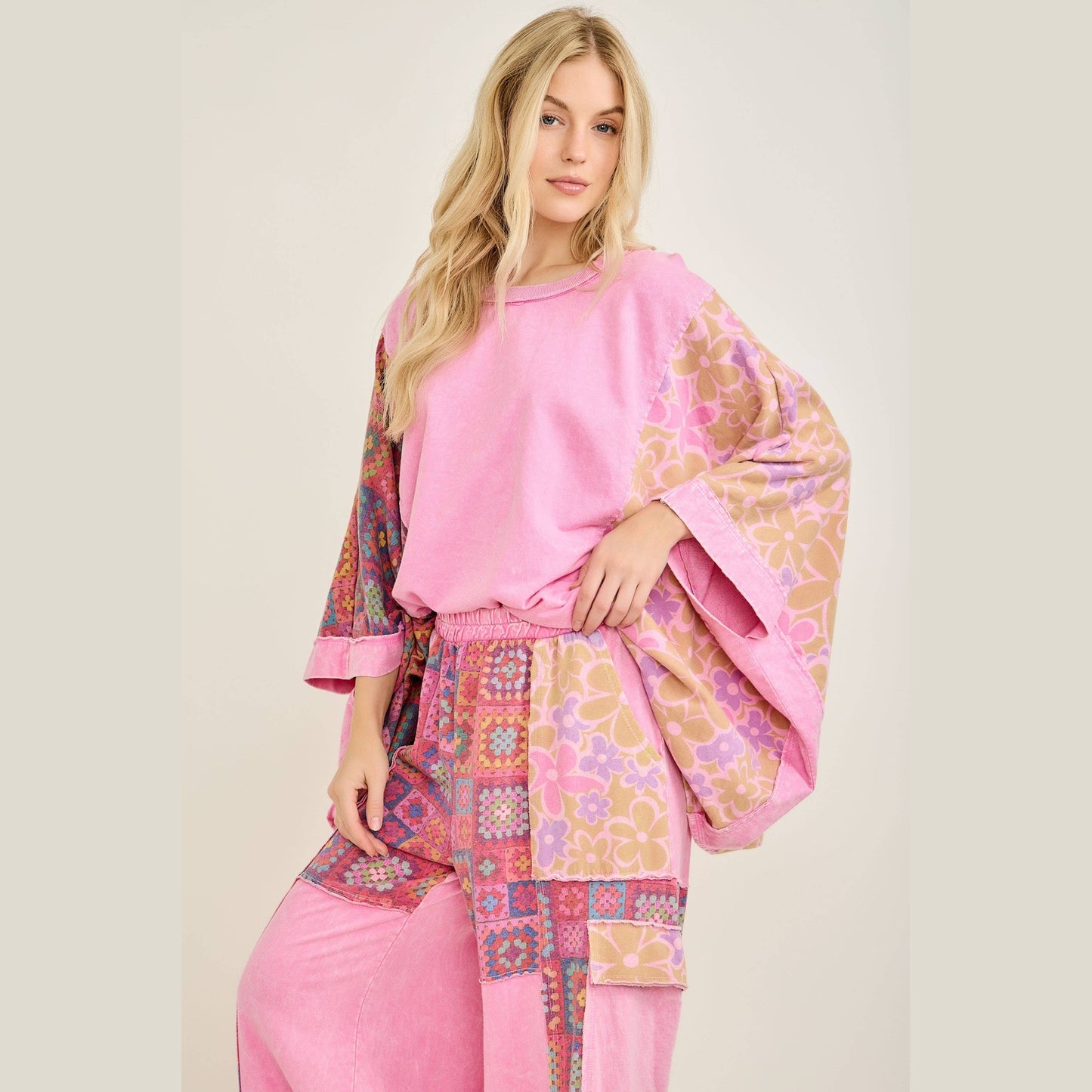 Mineral Washed Crochet Flower Printed Poncho