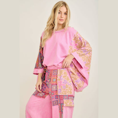 Mineral Washed Crochet Flower Printed Poncho