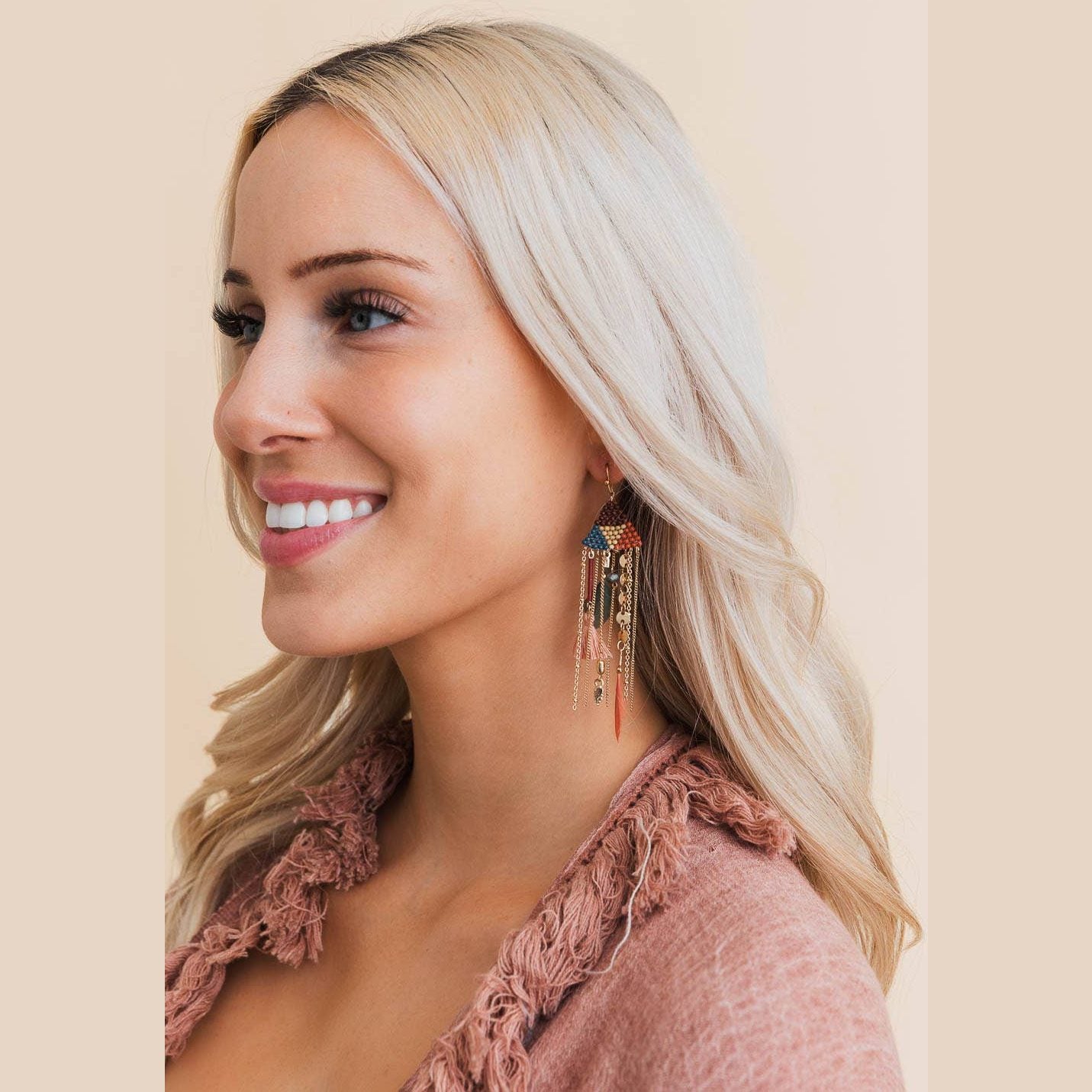 Boho Dreams Beads & Feathers Cascade Earrings