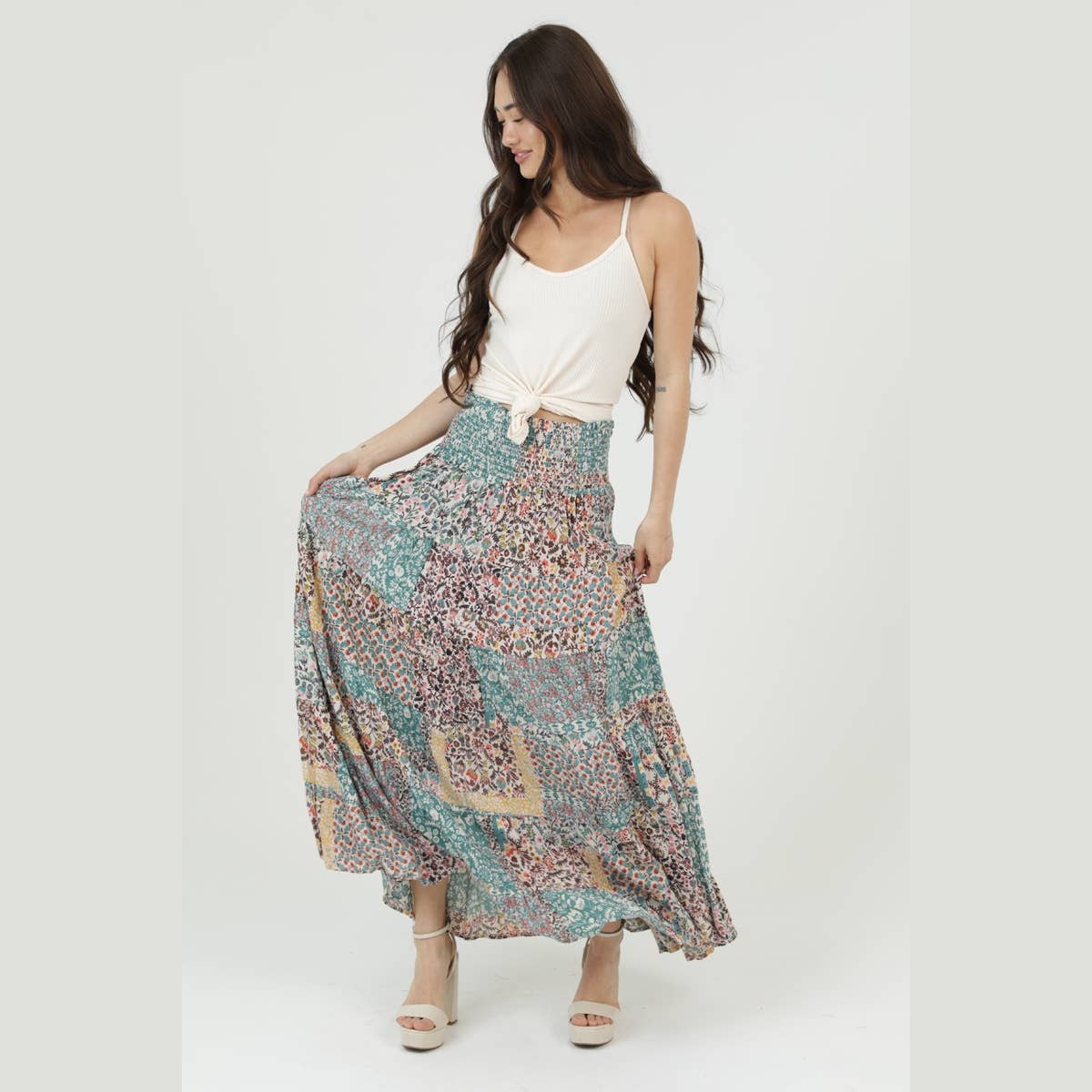 SMOCKED WAISTBAND PATCHWORK PRINT A LINE TIERED M - The Feral Market