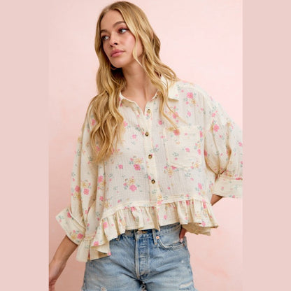Floral Crinkle Quarter Sleeve Ruffle Hem Shirt Top