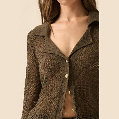 Solid Geometric-Pointelle Bell-Sleeve Cardigan