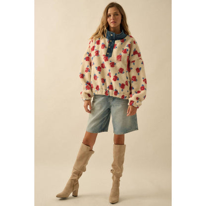 Floral Fleece and Denim Half-Snap Pullover