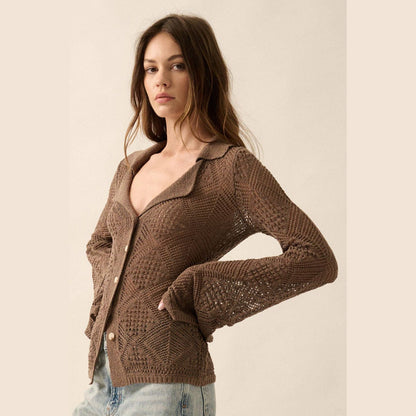 Solid Geometric-Pointelle Bell-Sleeve Cardigan