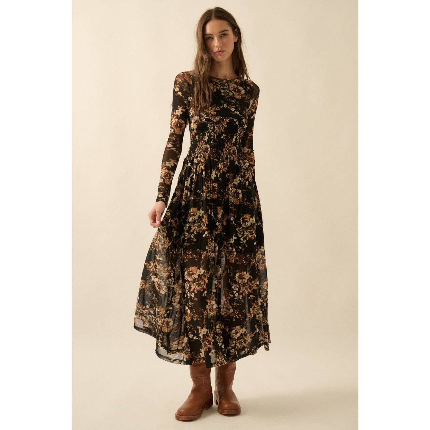 Floral Mesh Smocked Long-Sleeve Midi Dress