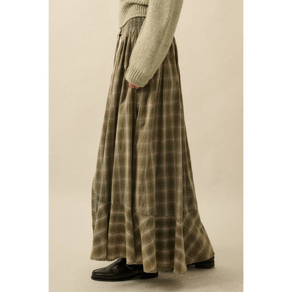 Plaid Flannel Button-Front Drawstring Maxi Skirt