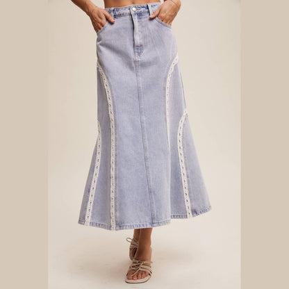 Embroidered Denim Midi Skirt