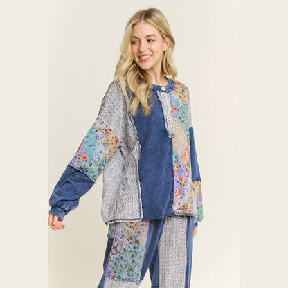 Mineral Washed Floral WaveKnit Jacquard Boho Top