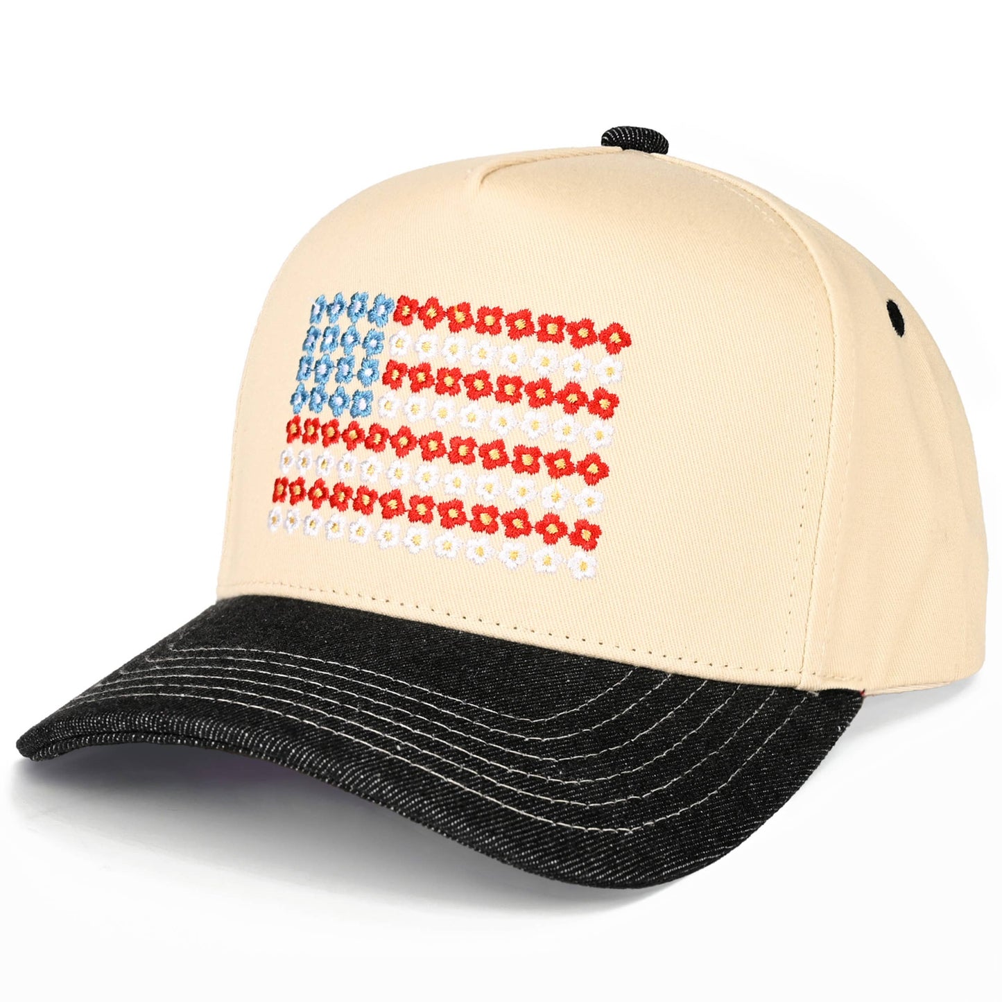 C.C Daisy Flower Pattern USA Flag Trucker Cap