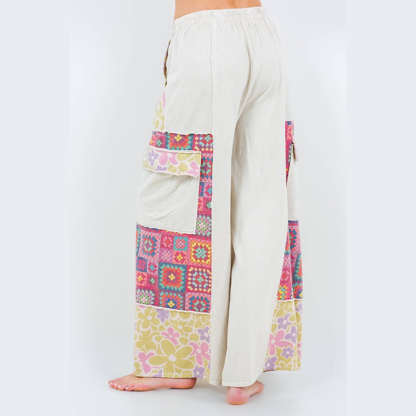 Mineral Wash Boho Crochet Floral Printed Pants