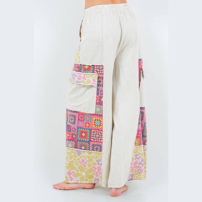 Mineral Wash Boho Crochet Floral Printed Pants
