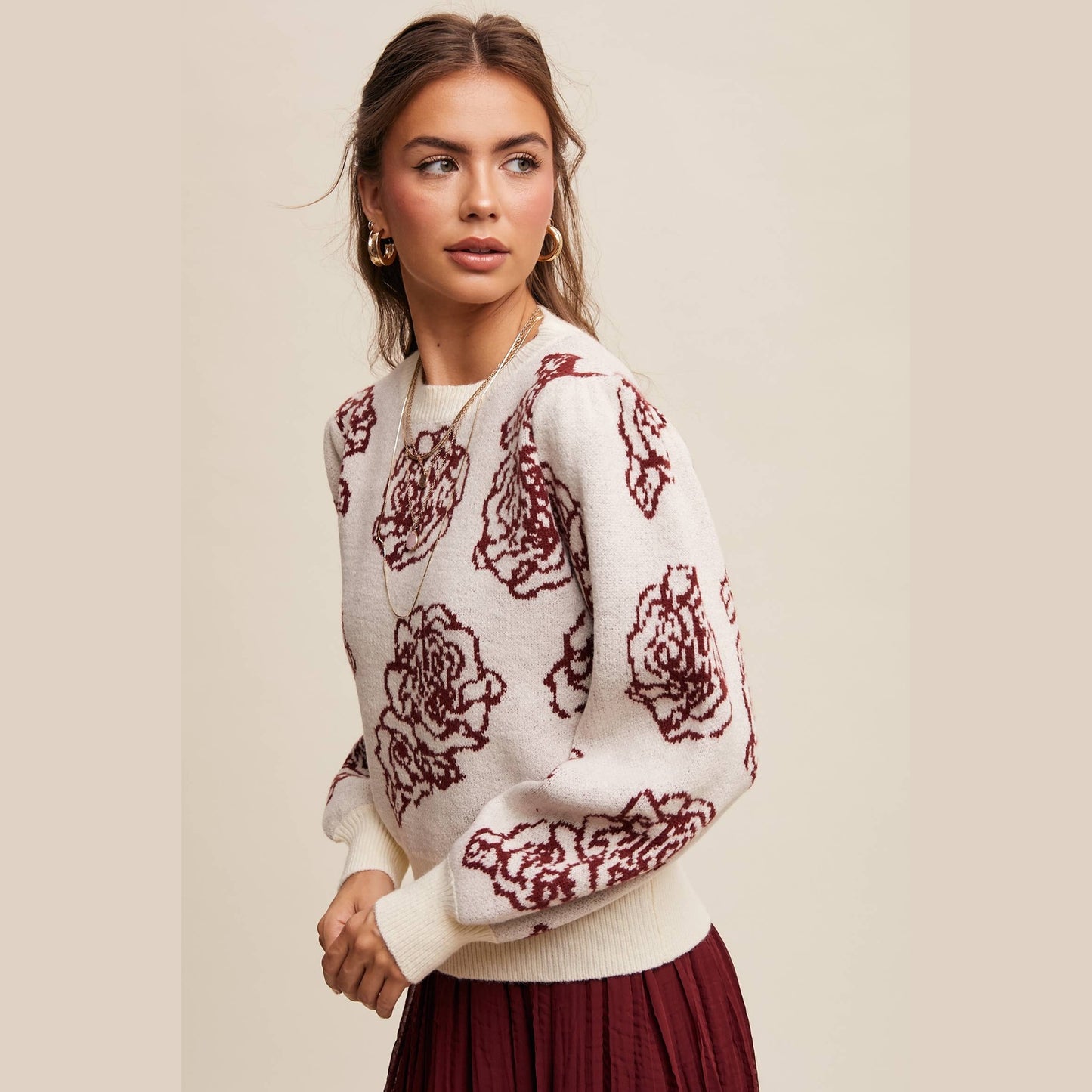 Floral Jacquard Puff-Sleeve Sweater