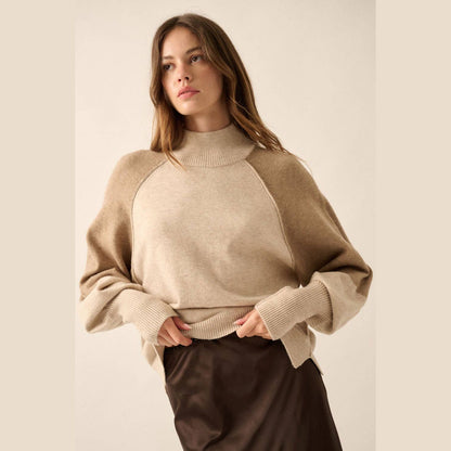 Colorblock Knit Bishop-Sleeve Mock-Neck Sweater