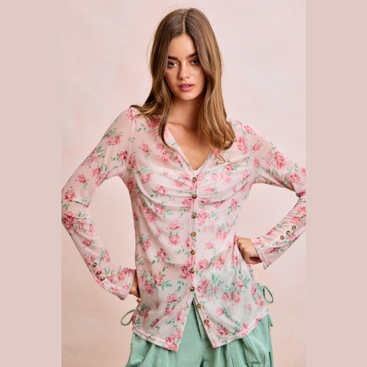 Floral Shirred Detail Button Up Mesh Cardigan Top