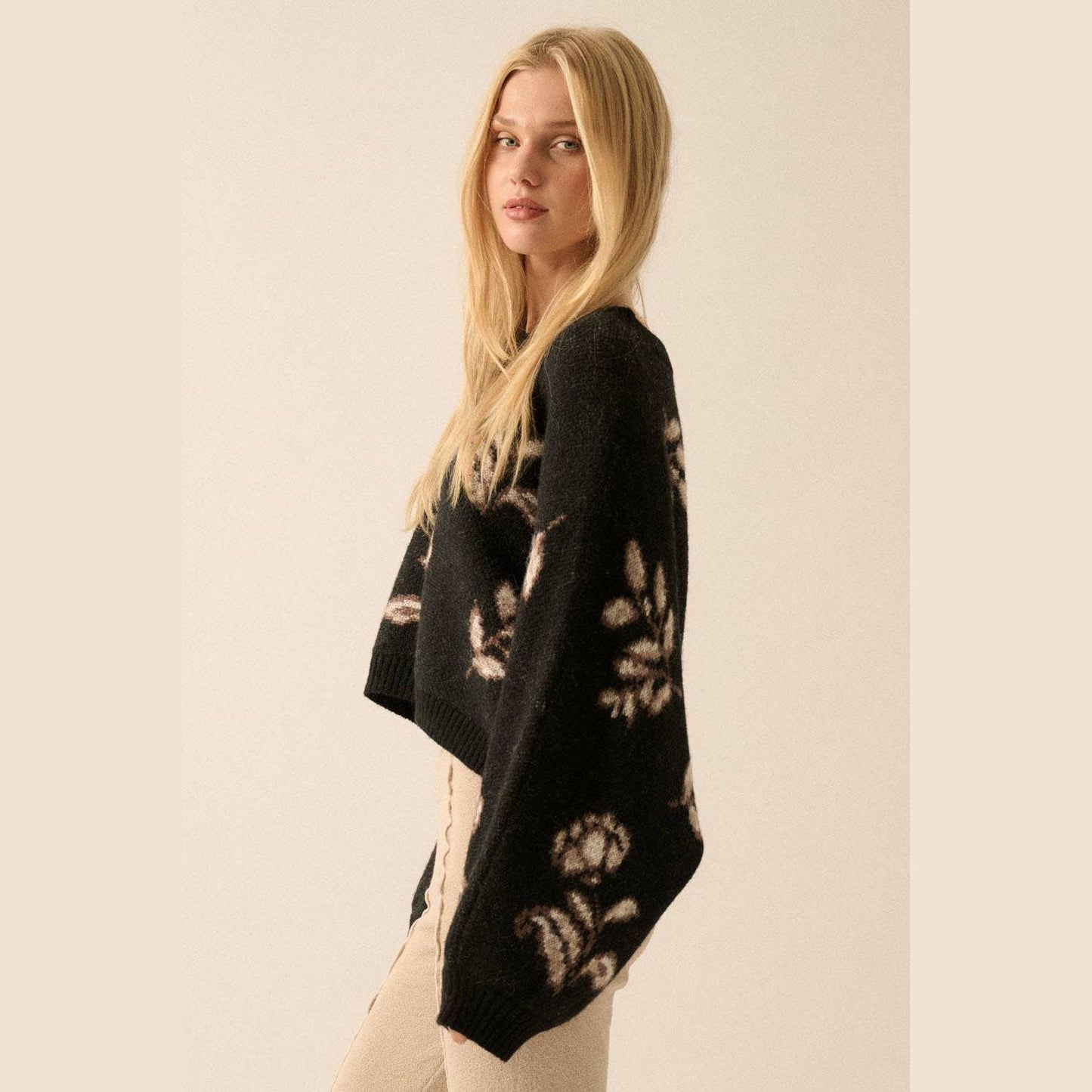 Floral Knit Cropped Dolman-Sleeve Sweater