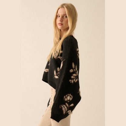 Floral Knit Cropped Dolman-Sleeve Sweater
