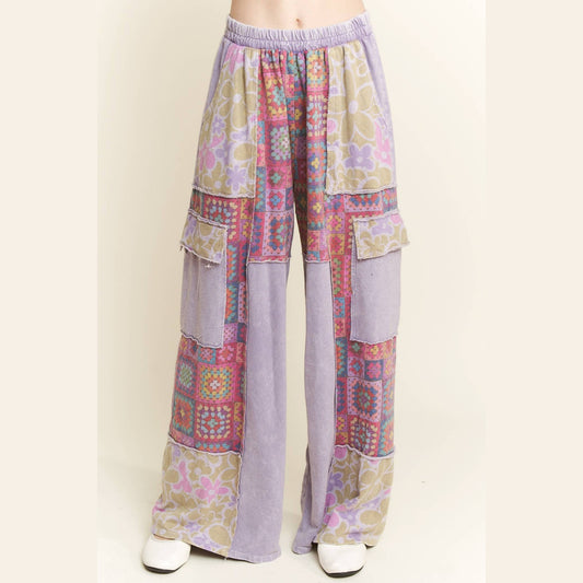 Mineral Wash Boho Crochet Floral Printed Pants