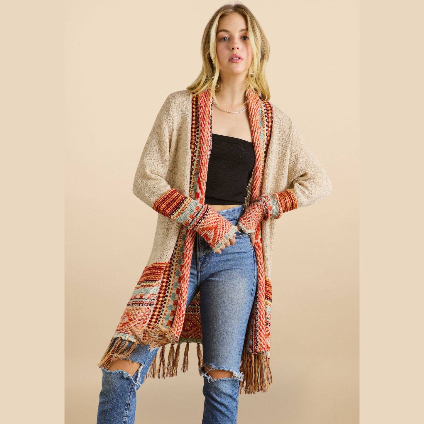 Fringe Hem Multicolor Cardigan