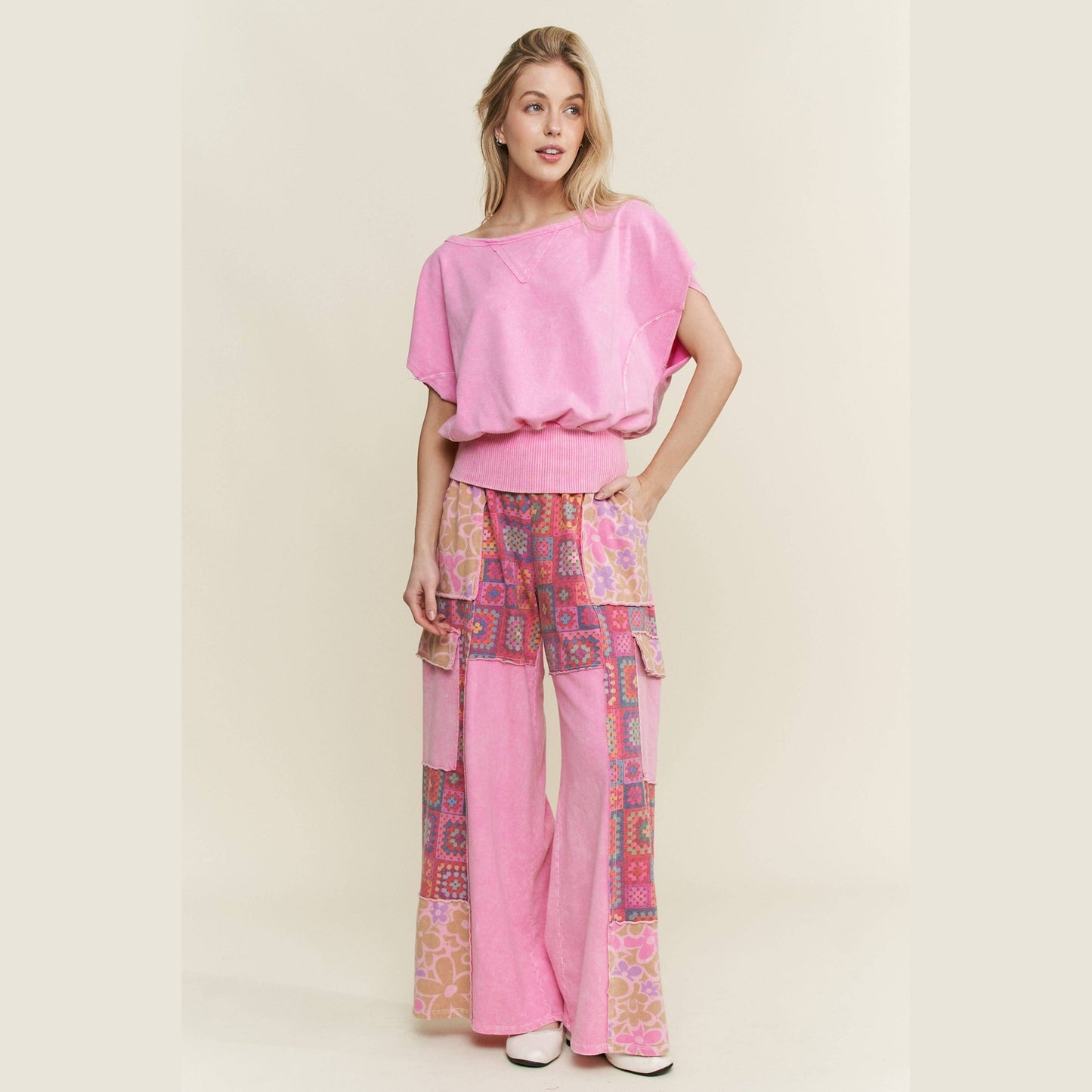 Mineral Wash Boho Crochet Floral Printed Pants