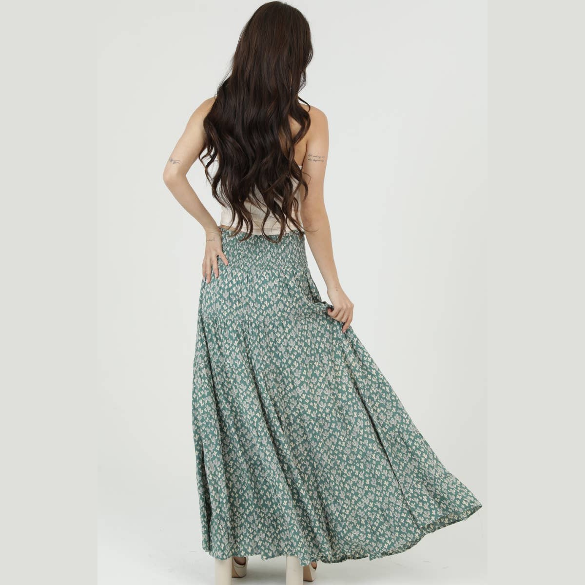 CACTUS PRINT SMOCKED WAIST TIERED A LINE MAXI SKI - The Feral Market