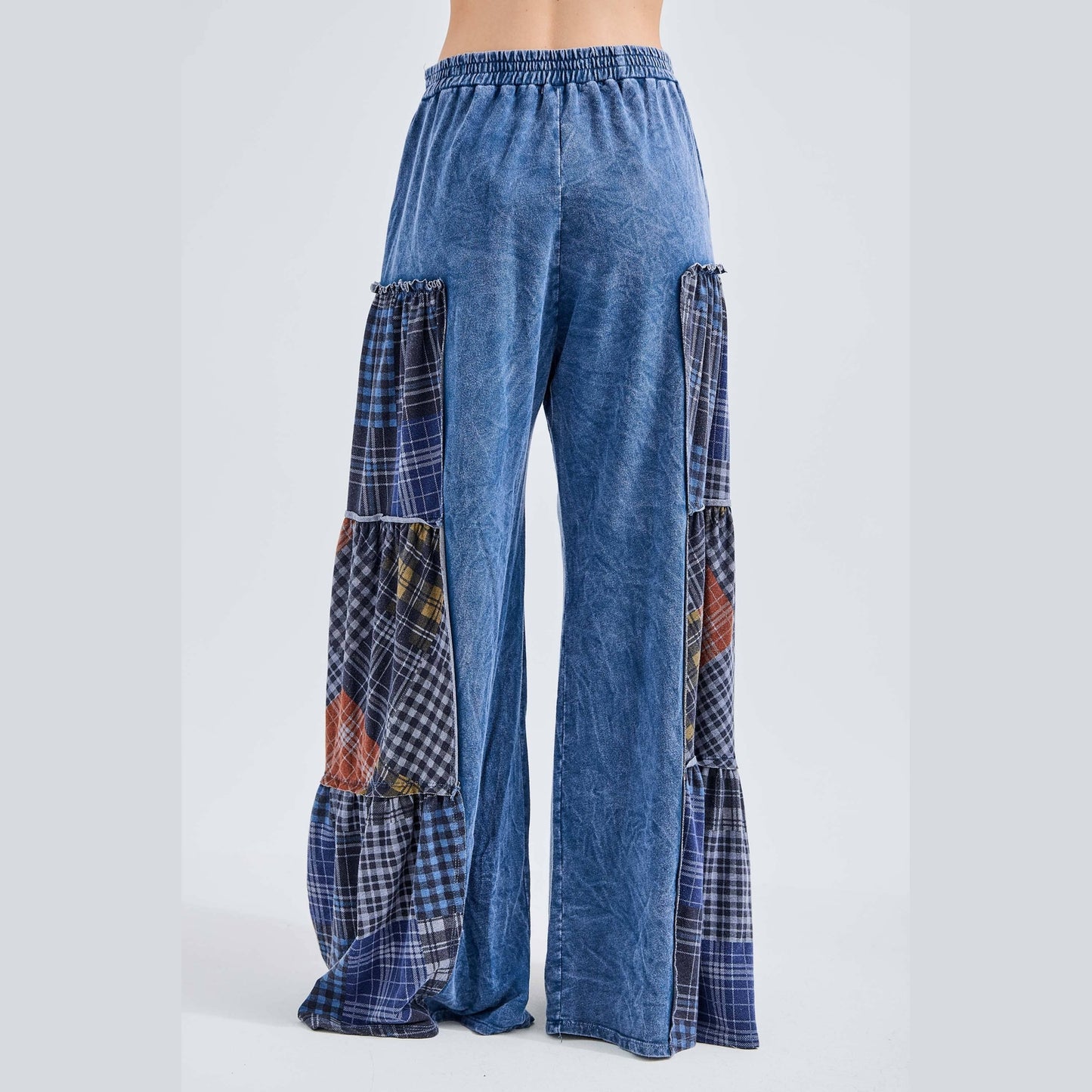 Mineral Washed Tiered Plaid Wide Flare Pants