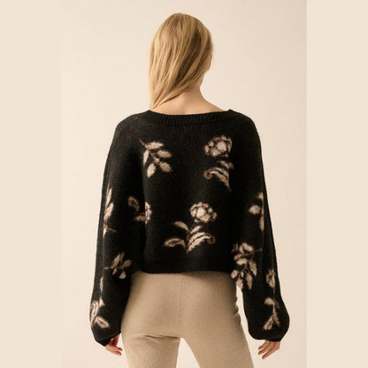 Floral Knit Cropped Dolman-Sleeve Sweater
