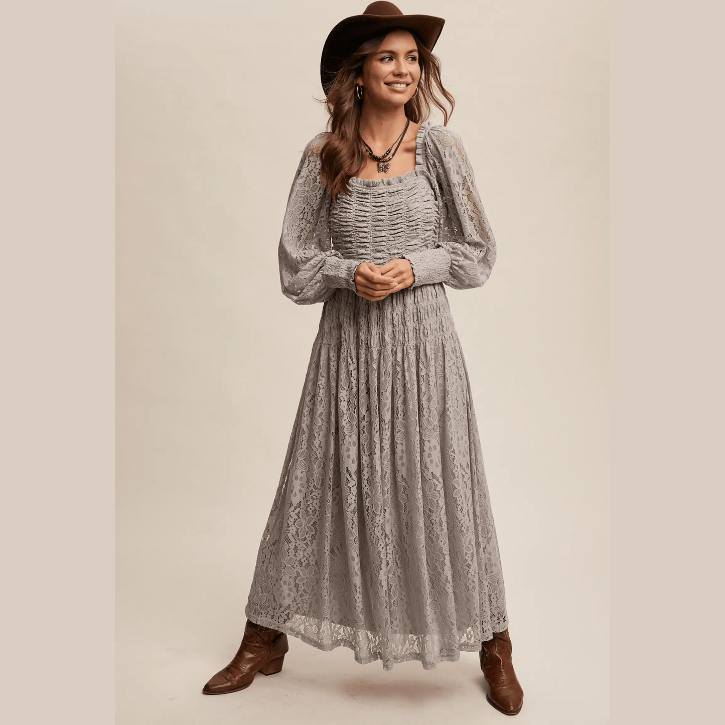 Vintage Lace Maxi Dress with Smocked Details
