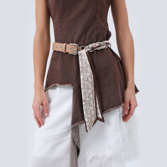 Studded Vegan Leather Belt – Satin Accent Waistband