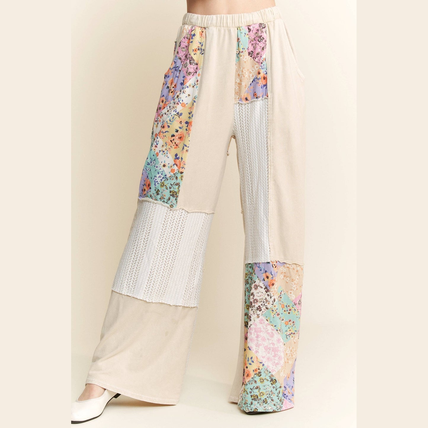 Mineral Washed Floral Wave Knit Jacquard Boho Pants