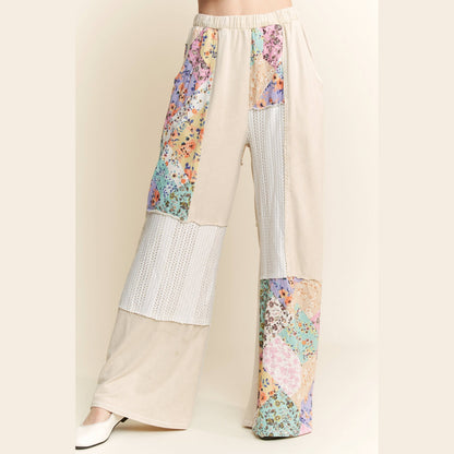 Mineral Washed Floral Wave Knit Jacquard Boho Pants