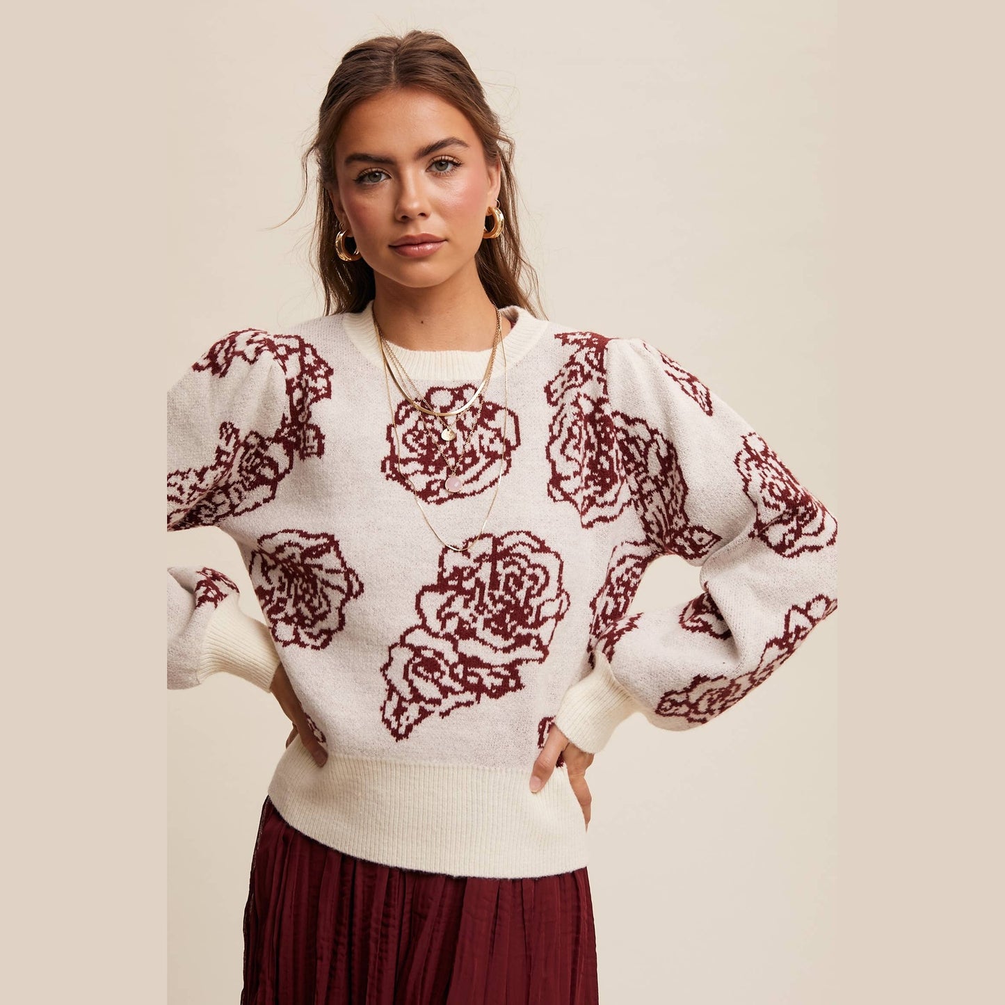 Floral Jacquard Puff-Sleeve Sweater