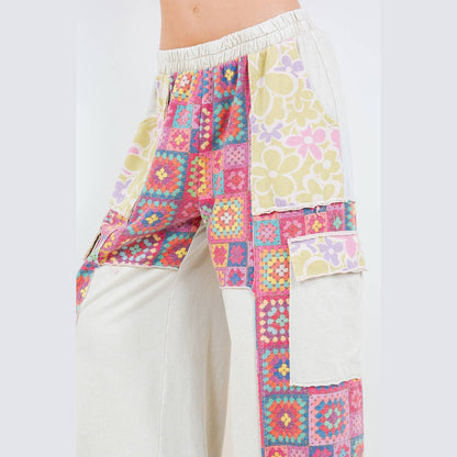 Mineral Wash Boho Crochet Floral Printed Pants