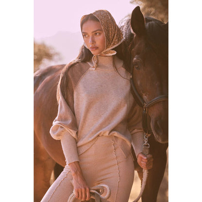 Colorblock Knit Bishop-Sleeve Mock-Neck Sweater