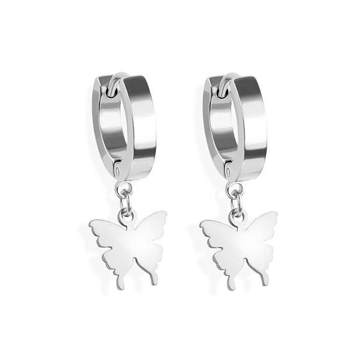 STAINLESS STEEL HUGGIE/HOOP EARRINGS W/BUTTERFLY