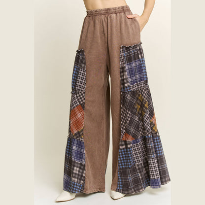 Mineral Washed Tiered Plaid Wide Flare Pants