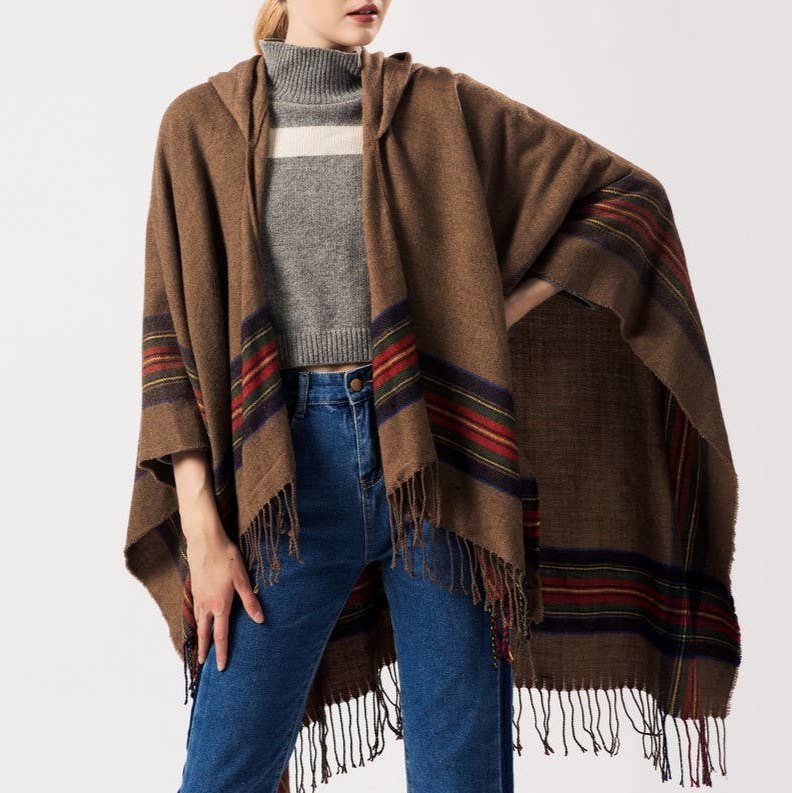 Classic plaid faux wool tartan hooded ruana fringed shawl