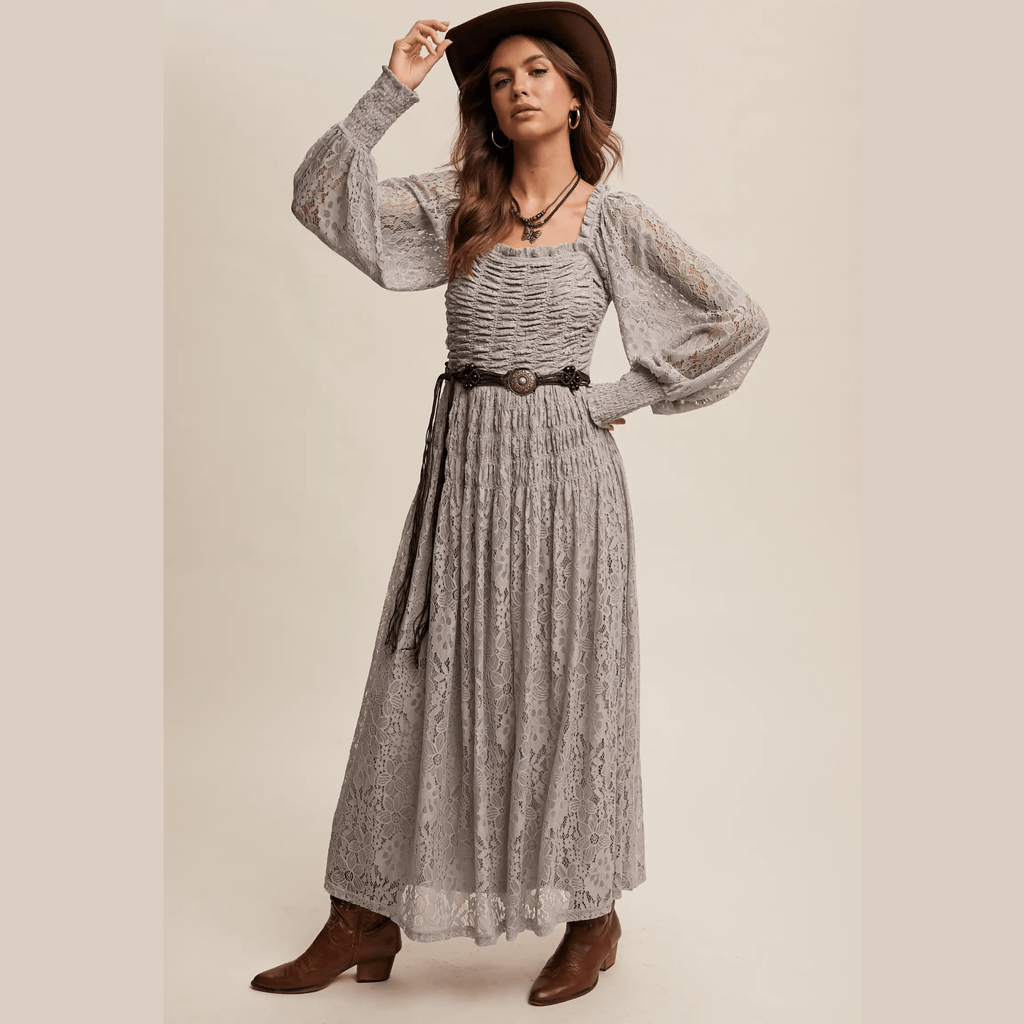 Vintage Lace Maxi Dress with Smocked Details