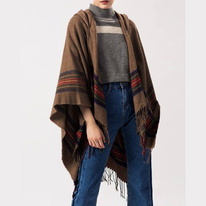 Classic plaid faux wool tartan hooded ruana fringed shawl