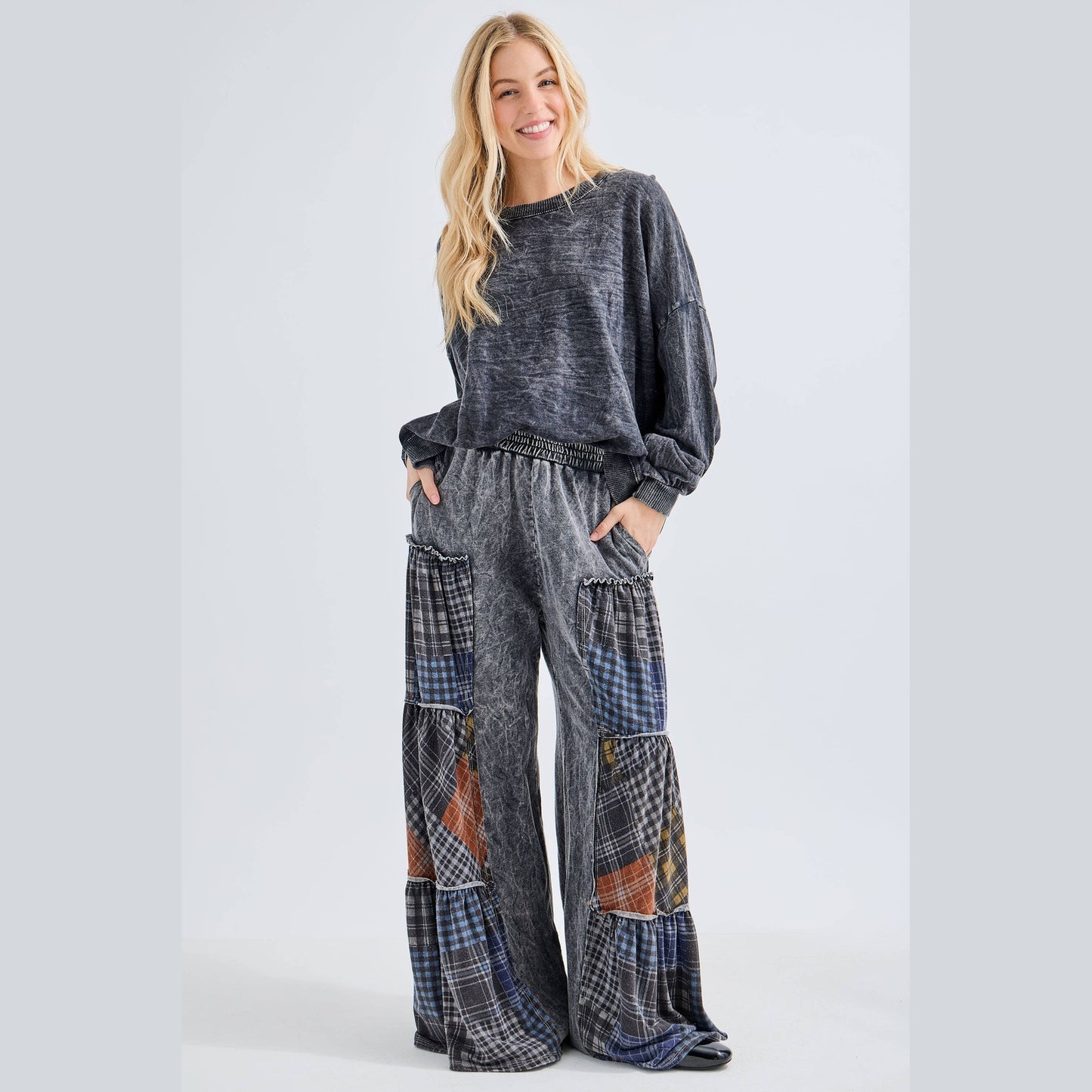Mineral Washed Tiered Plaid Wide Flare Pants