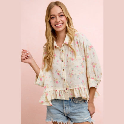 Floral Crinkle Quarter Sleeve Ruffle Hem Shirt Top
