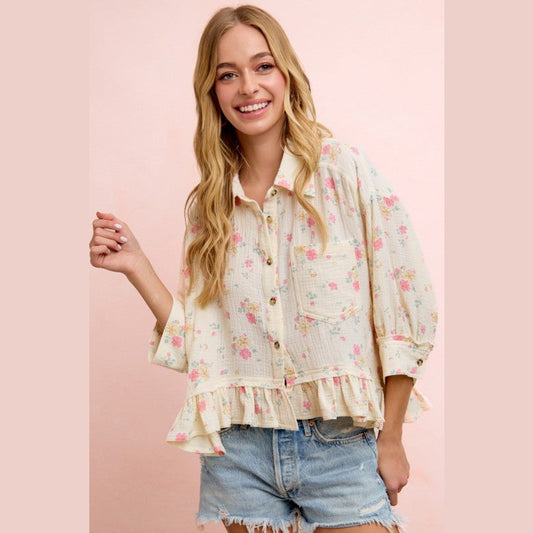 Floral Crinkle Quarter Sleeve Ruffle Hem Shirt Top
