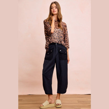 Leopard Print Short Sleeves Boxy Mesh Top