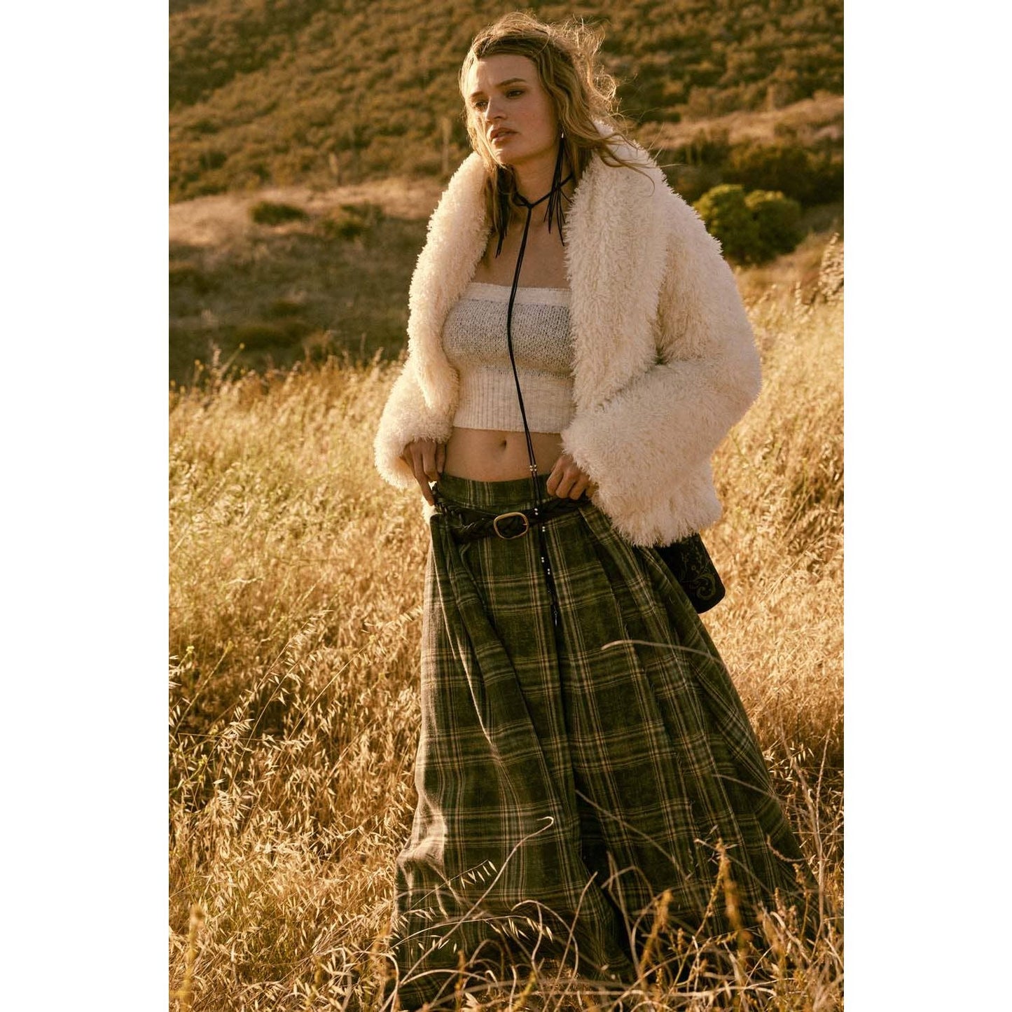 Plaid Flannel Pleated Wrapped Raw-Edge Maxi Skirt