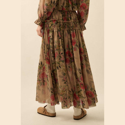 Floral-Print Smocked Drop-Waist Ruffle Maxi Skirt