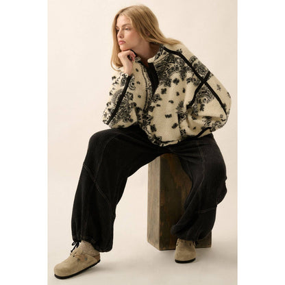 Floral Sherpa Fleece Half-Zip Pullover Jacket