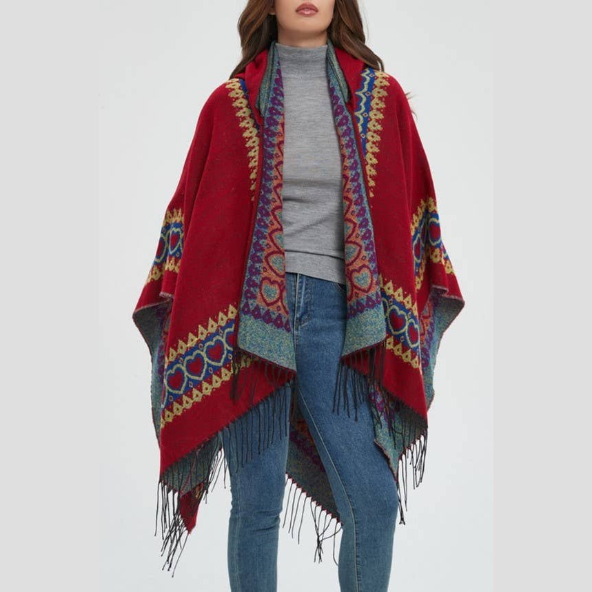 Heart crochet faux wool hooded sweater ruana wrap shawl