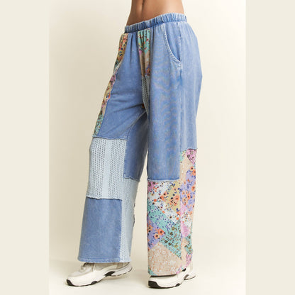 Mineral Washed Floral Wave Knit Jacquard Boho Pants
