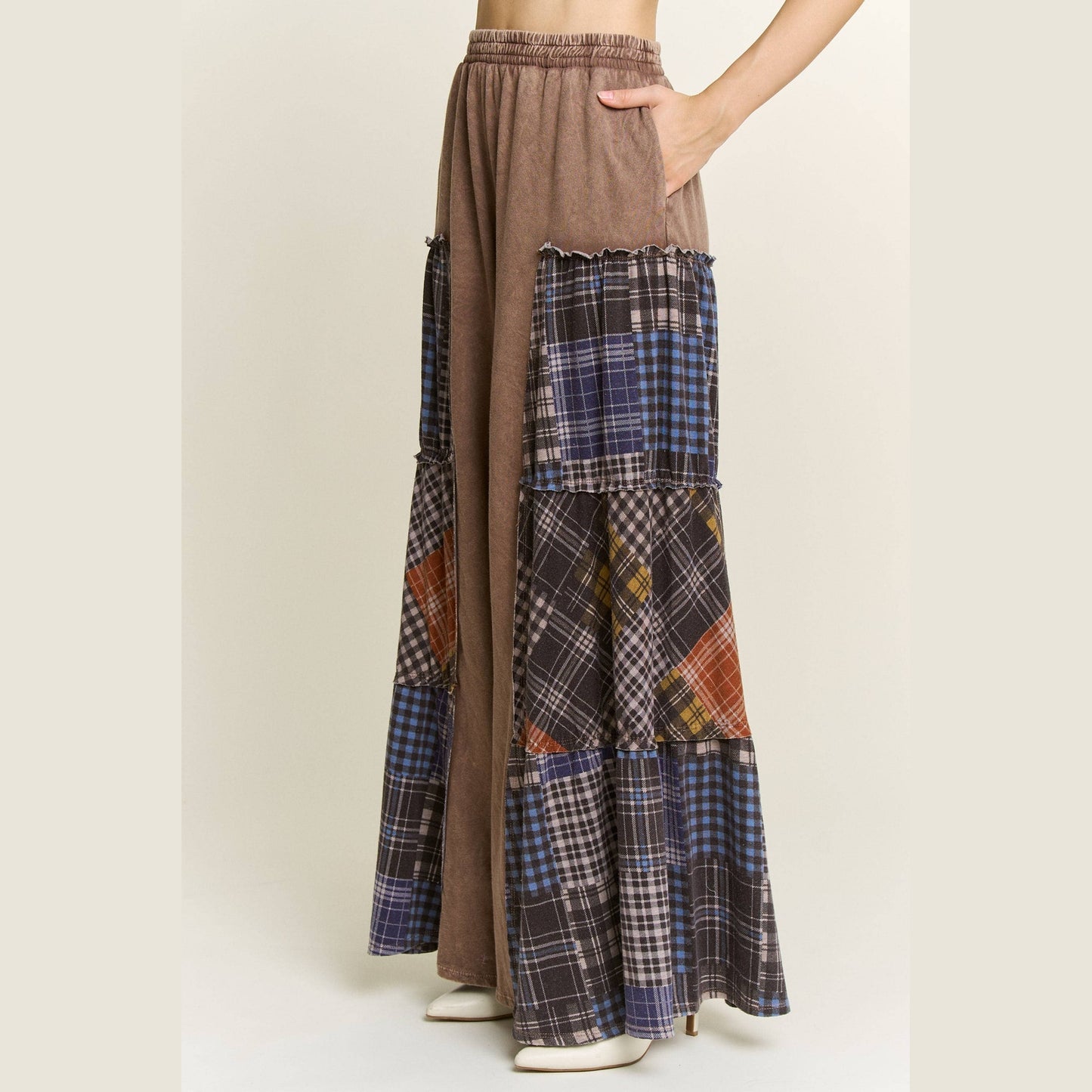 Mineral Washed Tiered Plaid Wide Flare Pants