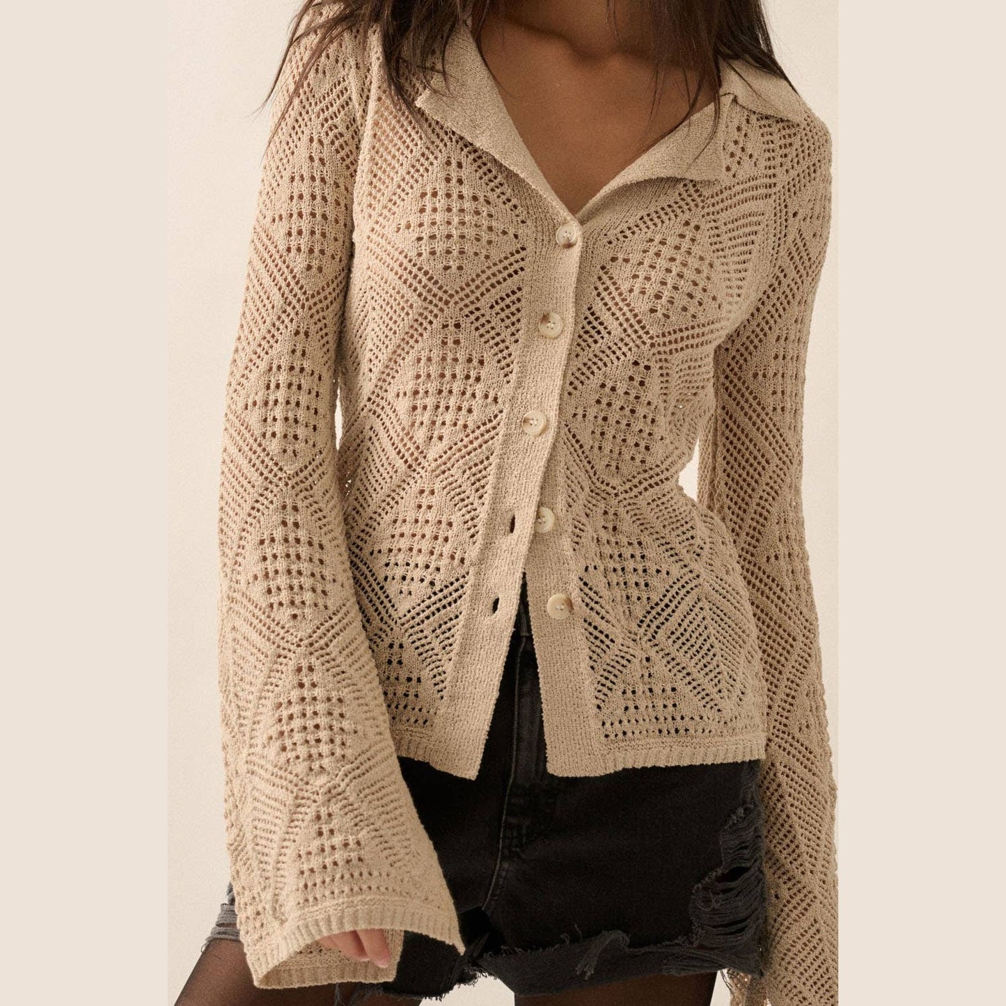 Solid Geometric-Pointelle Bell-Sleeve Cardigan