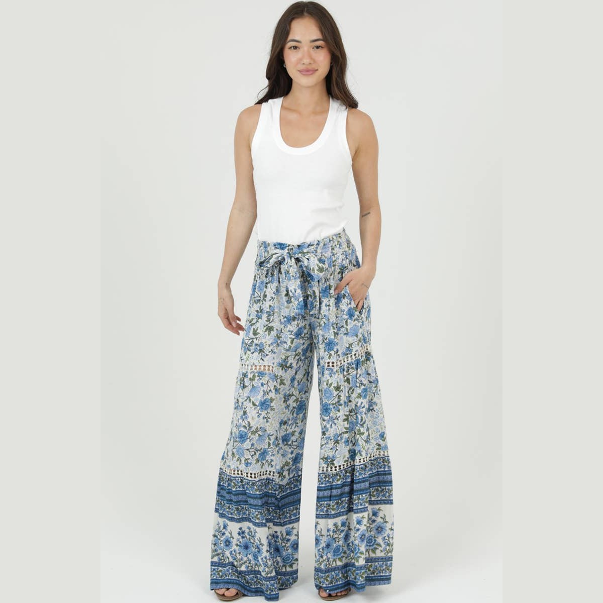 PRINTED WIDE LEG TIE WAIST PANTS WITH LACE - The Feral Market